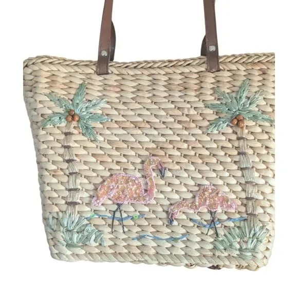 Vintage Y2K Cappelli Straworld Flamingo Sequin Straw Beach Tote Bag - Picture 1 of 6